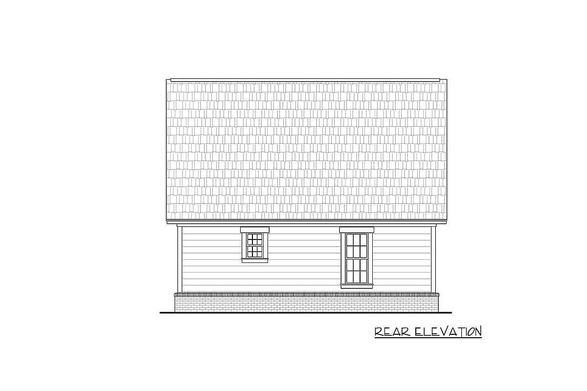 Rear elevation drawing of a house plan showing a shingled roof, clapboard siding, brick foundation, and two windows.