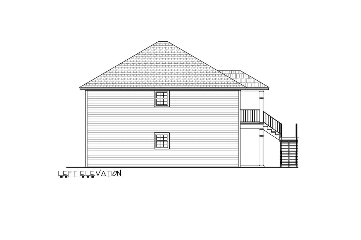 Left elevation drawing of a two-story house plan with a hipped roof, double-hung windows, and exterior stairs to a deck.