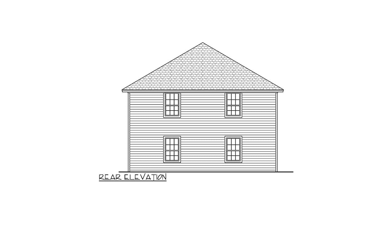 Rear elevation drawing of a two-story house with a gable roof and double-hung windows on both levels.