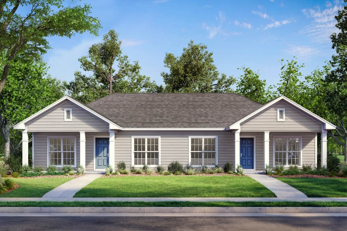 House plan exterior: Symmetrical ranch with gable dormers, two front doors, and covered porches supported by columns.
