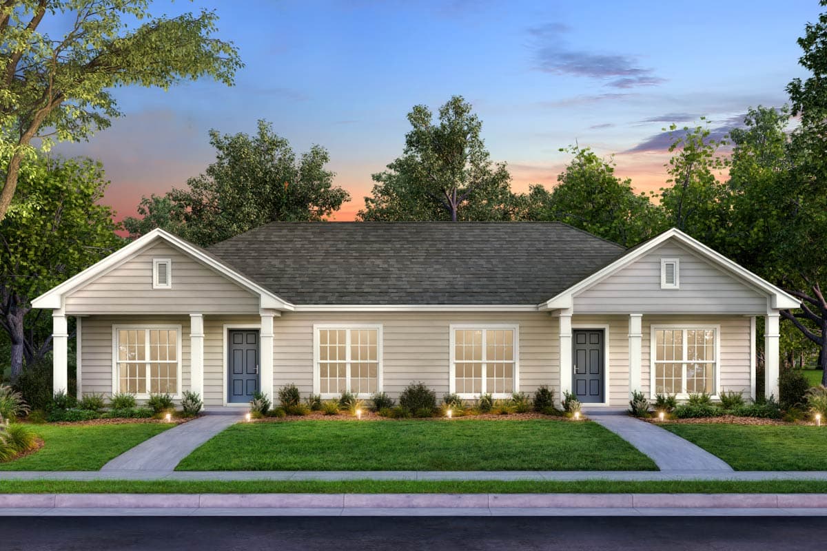 House plan exterior: single-story duplex with gabled front entry porches, symmetrical window placement, and vinyl siding.
