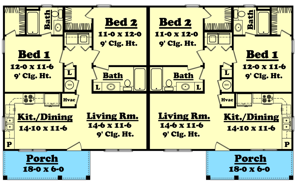 Plan 11733HZ: Well-Designed Duplex House Plan with 900 Square Foot 2-Bed Units - Floor Plan - Main Level - Ranch, Traditional