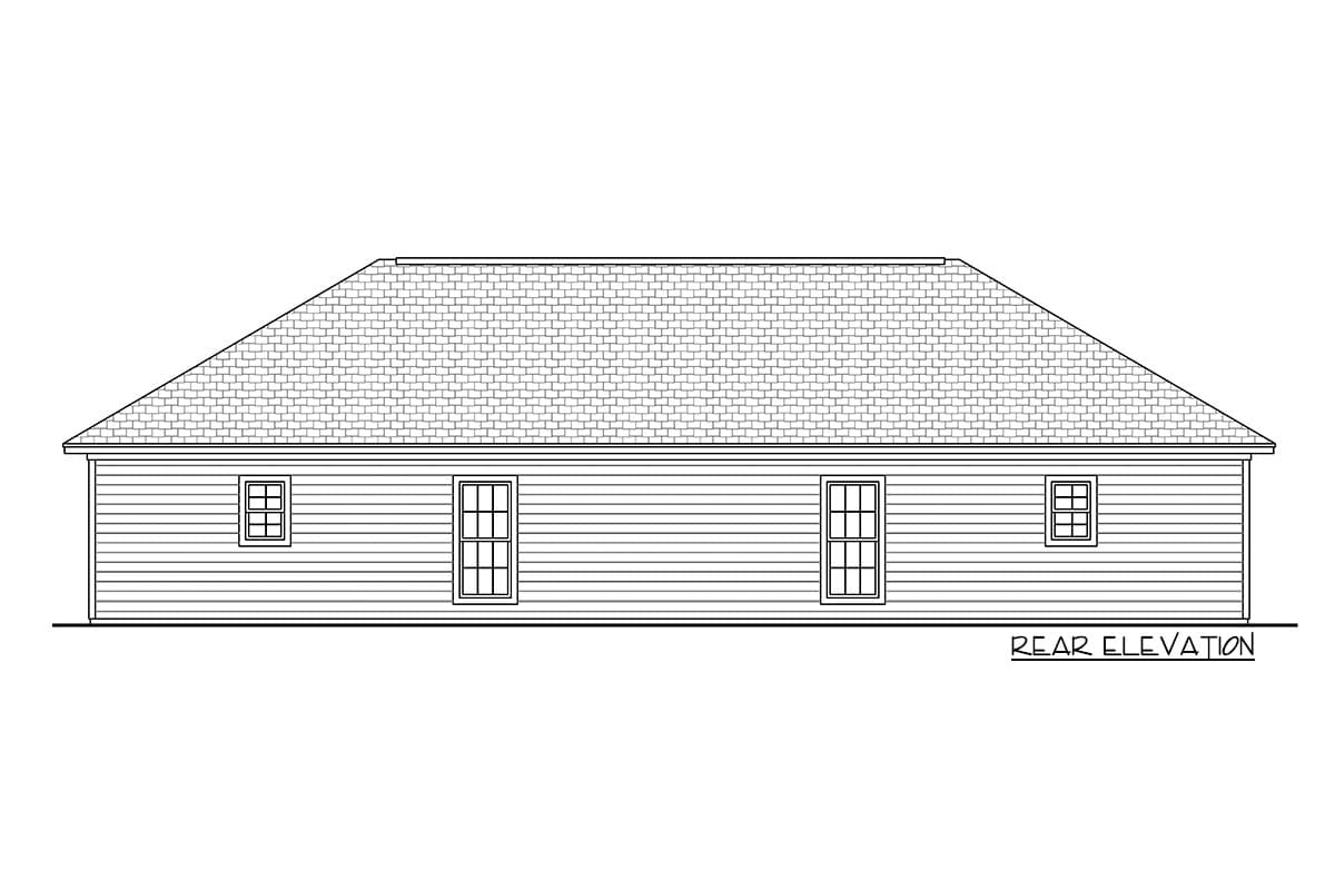Rear elevation drawing of a single-story house plan with horizontal siding and a hip roof.