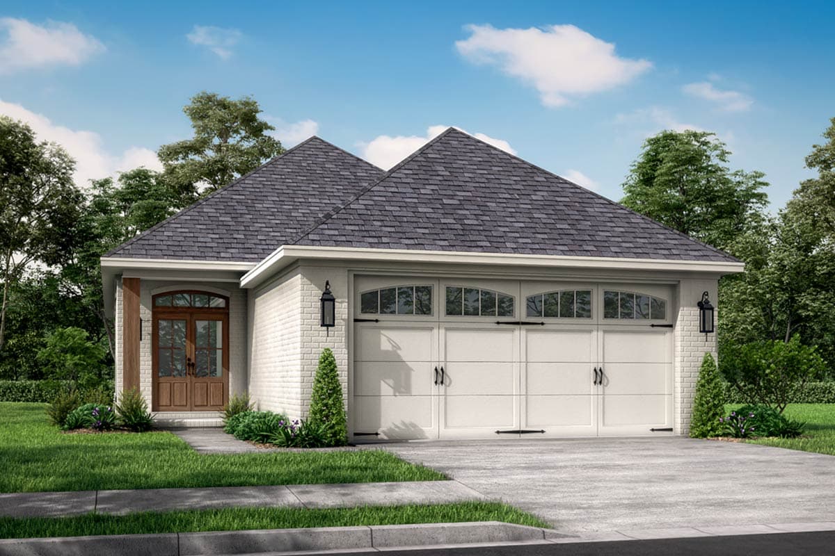 House plan exterior with two roof gables, brick facade, and an attached two-car garage with arched window details.