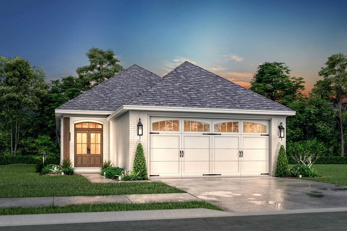 House plan exterior: Single-story brick home with a double garage, arched windows on garage doors, and a double-door entry with arched transom.