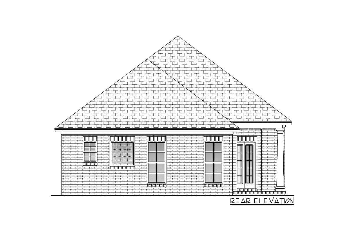 Rear elevation drawing of a house with a prominent hipped roof, brick facade, and multiple windows. Includes a central door with sidelights.