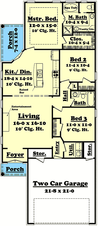 Plan 11736HZ: Narrow Lot House Plan with Angled Access Rear Porch - 1400 Sq Ft - Floor Plan - Main Level - Cottage, Southern
