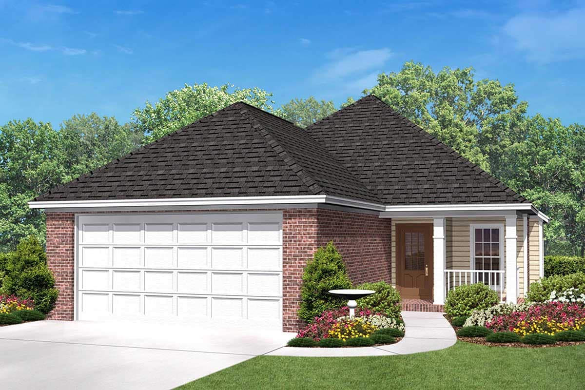 House plan exterior. Ranch style with brick and siding, a two-car garage, and a covered front porch with columns and a railing.