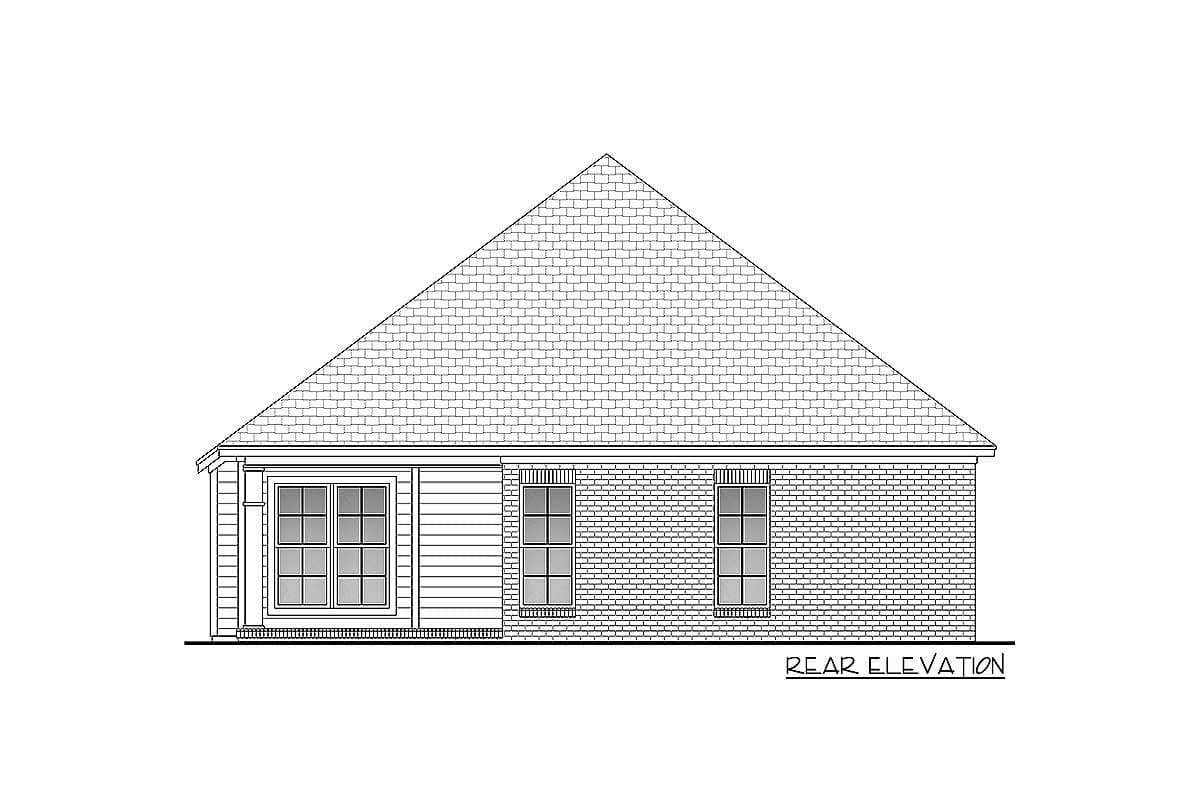 Rear elevation house plan showing a steep gable roof, brick facade, and two windows on the right, horizontal siding and one window on the left.