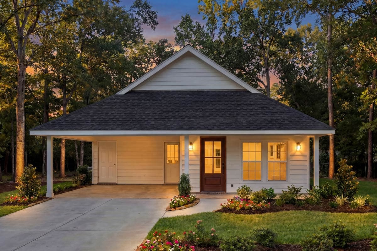 A white, single-story house with a dark roof and a porch, surrounded by trees. The front door is brown, and the windows glow from interior lights.