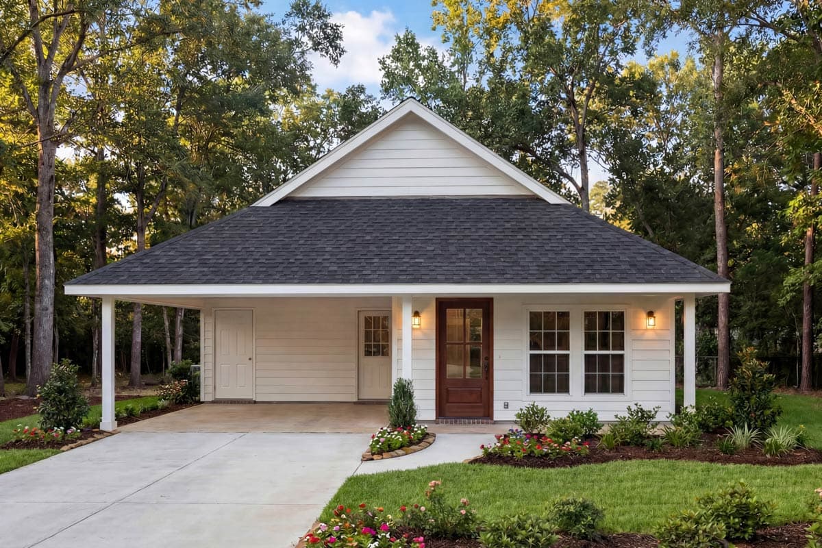 House plan exterior: One-story white siding house with covered carport, gable roof, wood front door, and multiple windows.