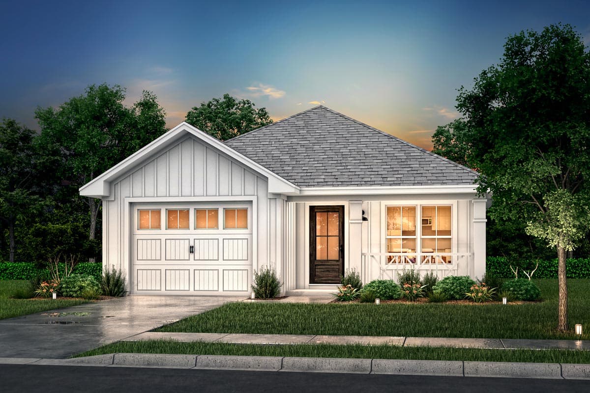House plan exterior: Modern Farmhouse style, one story, white board and batten siding, gable roof, side garage, and covered porch.