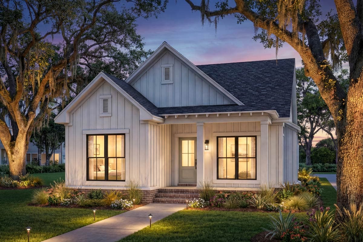 A white farmhouse with a dark roof and black window frames is lit up at dusk. Pathway lights lead to the front door, surrounded by lush landscaping.