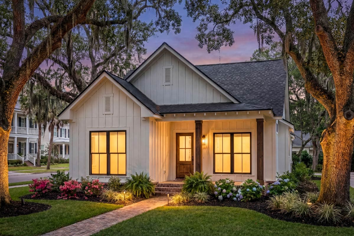 A white cottage with black-framed windows glows from interior lights. A brick path leads to the front door, flanked by trees with Spanish moss.