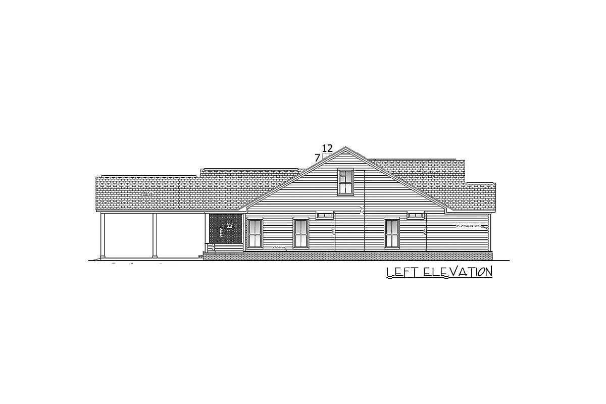 Architectural drawing of a house, featuring a gabled roof, a porch with support columns, and the words 'LEFT ELEVATION'.