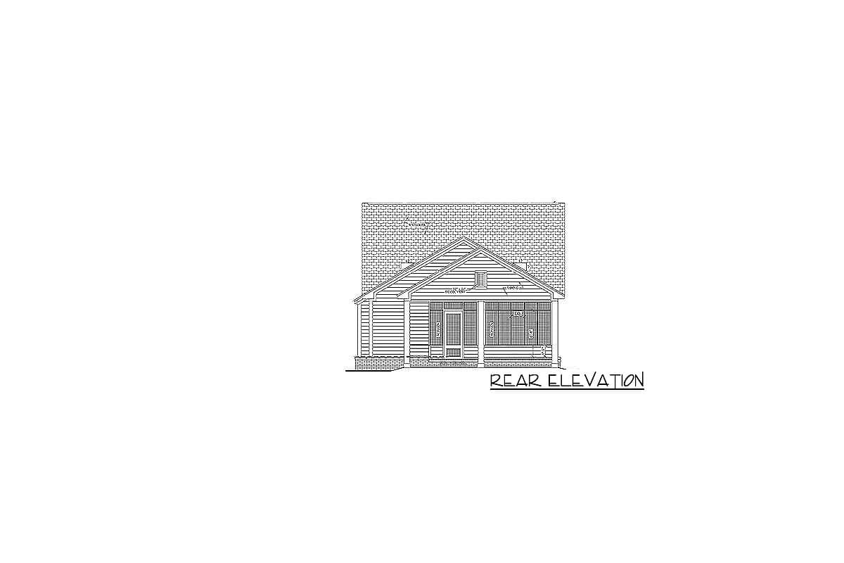 A black-and-white architectural drawing depicts the rear elevation of a small house with a front porch, labeled "REAR ELEVATION" below it.