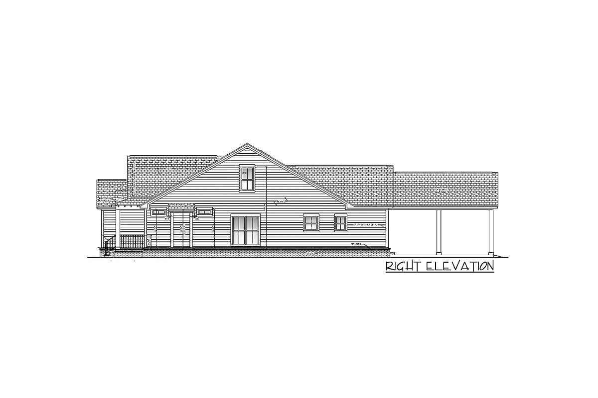 Architectural elevation drawing of a house, featuring a gabled roof, multiple windows, and a porch, labeled as 'RIGHT ELEVATION'.