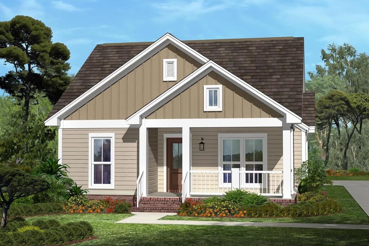 House plan exterior with a covered front porch, multiple gables, and horizontal siding. Two stories visible.