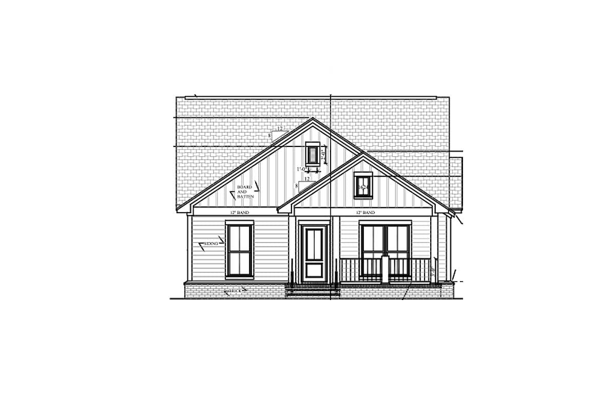 House plan front elevation drawing. One-story home with a front porch, gable dormer, and board-and-batten and horizontal siding.