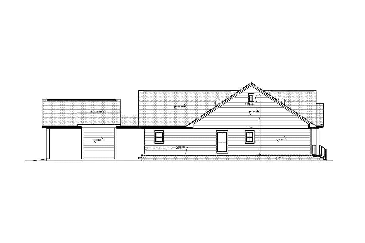 House plan exterior: Side elevation of a one-story home with attached garage, gabled roof, dormer, and siding.