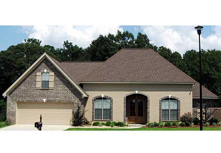 One-story house plan exterior with a two-car front-facing garage, arched entry, and brick accents.