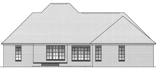 House plan rear elevation drawing with a brick exterior, prominent rooflines, and large multi-pane windows.