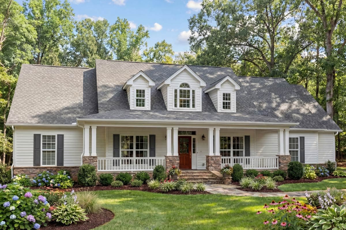 House plan exterior: Ranch style, one story with a wide covered porch, stone accents, and three gables.