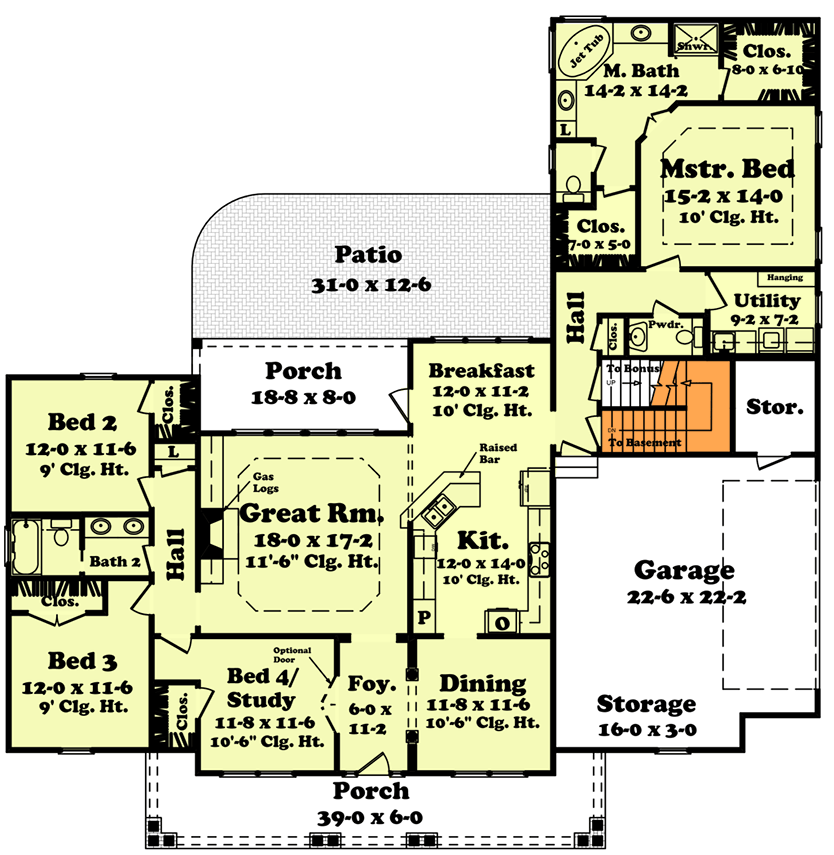 Plan 11747HZ: Traditional Country House Plan with Main Level Master and Bonus Room - Floor Plan - Basement Stairs - Country, Traditional