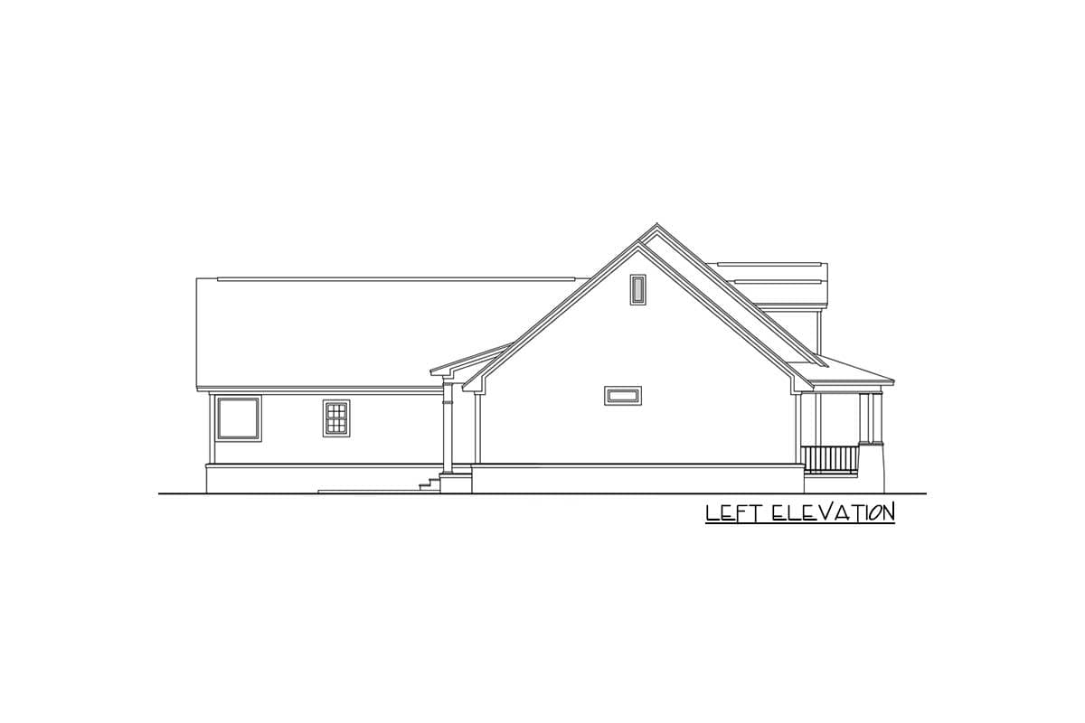 Left elevation drawing of a house plan with a covered porch, gables, and windows.