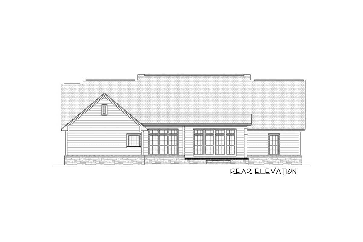 Rear elevation drawing of a house plan, featuring a gabled dormer, multiple large windows, and stone foundation.