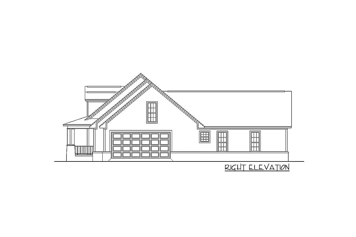 Right elevation drawing of a house plan with a covered porch, multi-panel garage door, and grid windows.