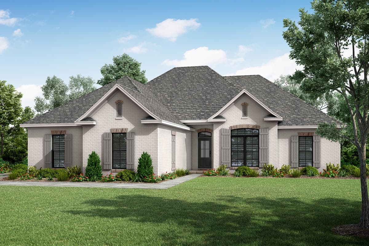 House plan exterior featuring a brick facade, multi-gabled roof, and arched transom windows above the front door. The house has shutters and dormers.