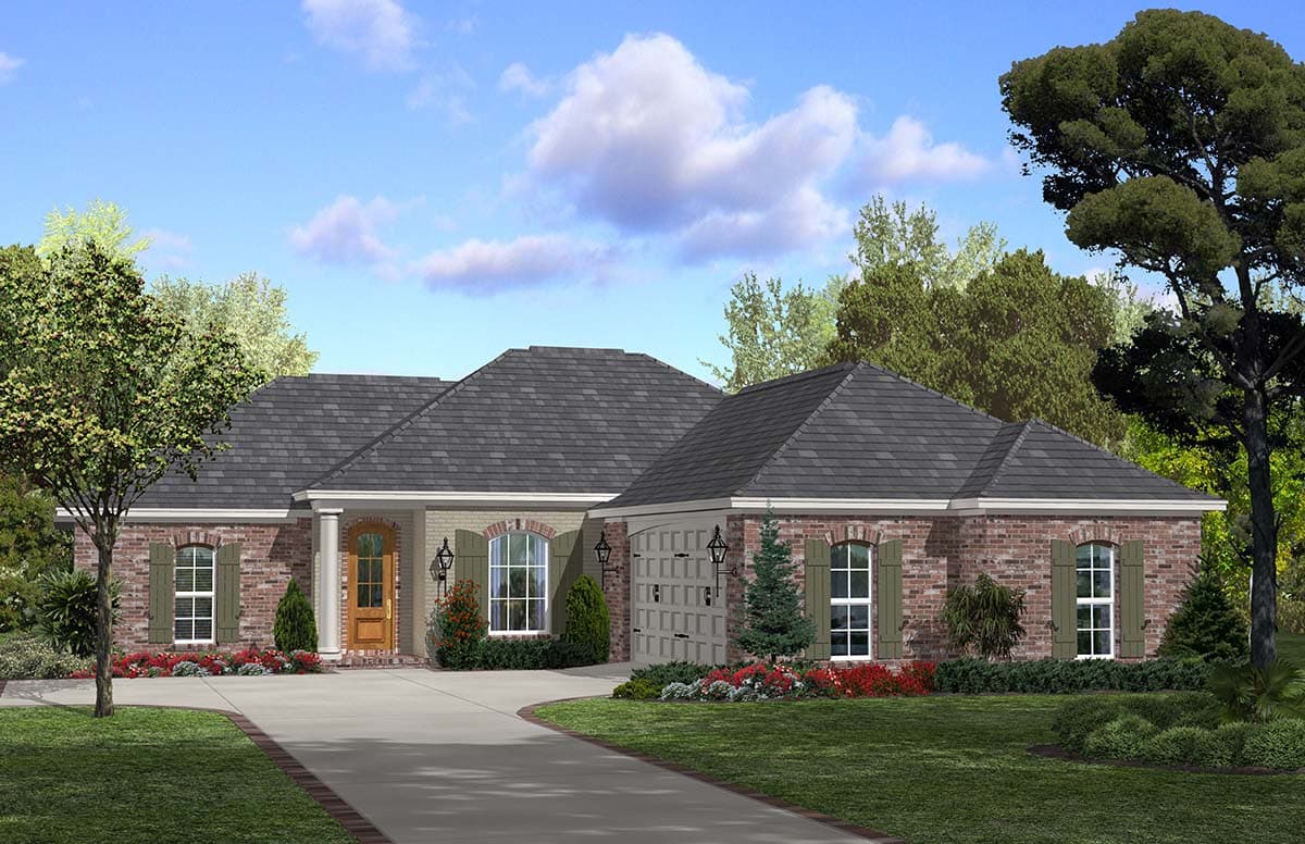 House plan exterior: one-story home with brick facade, arched windows with green shutters, prominent entry porch with columns, and attached garage.