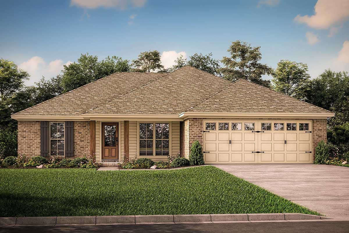 Ranch house plan exterior with brick and siding, gabled roof, front door, and attached two-car garage.