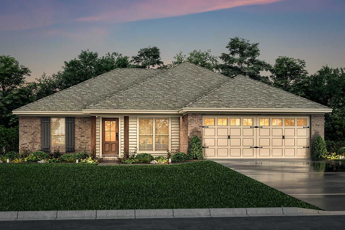 House plan exterior featuring a one-story, Craftsman-style home with gabled roof, brick accents, and attached garage.