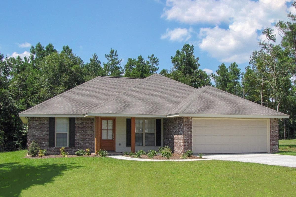 House plan exterior: One-story ranch with brick facade, front-entry garage, and covered entry porch with wood columns.