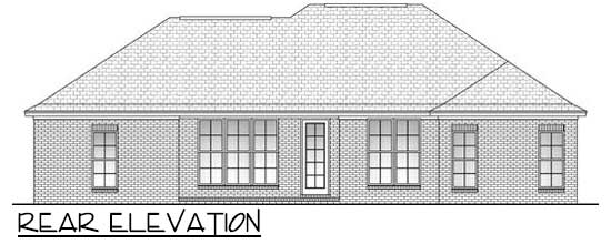 Rear elevation drawing of a house plan showing brick exterior, a gable roof, and multiple windows.