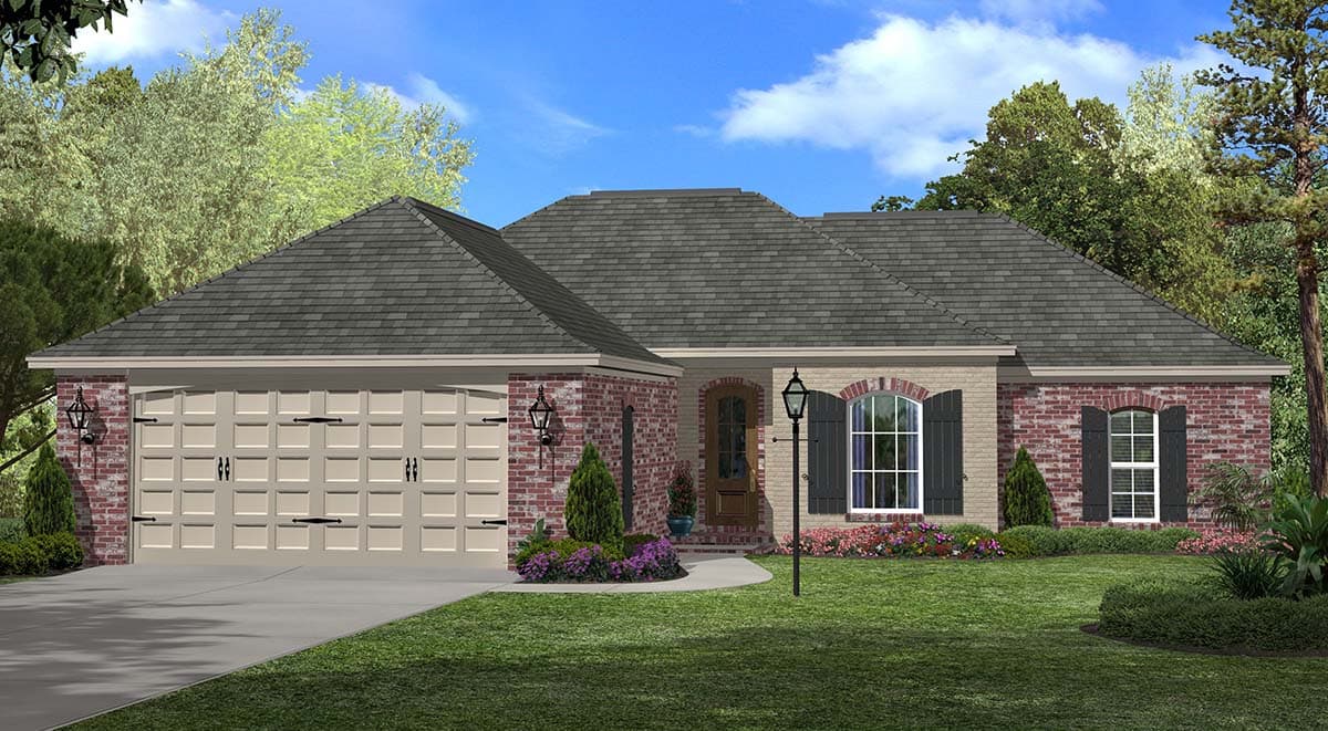 House plan exterior: One-story brick house with a two-car front-entry garage, arched windows, and covered entryway.