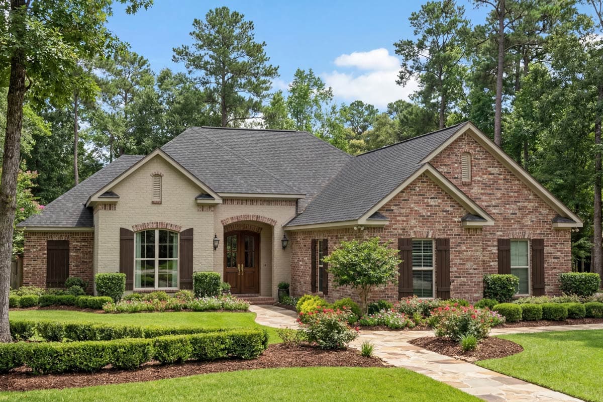 A stately, single-story home with a brick and light-colored stucco exterior. A stone path leads to a double wooden door, framed by lush landscaping.