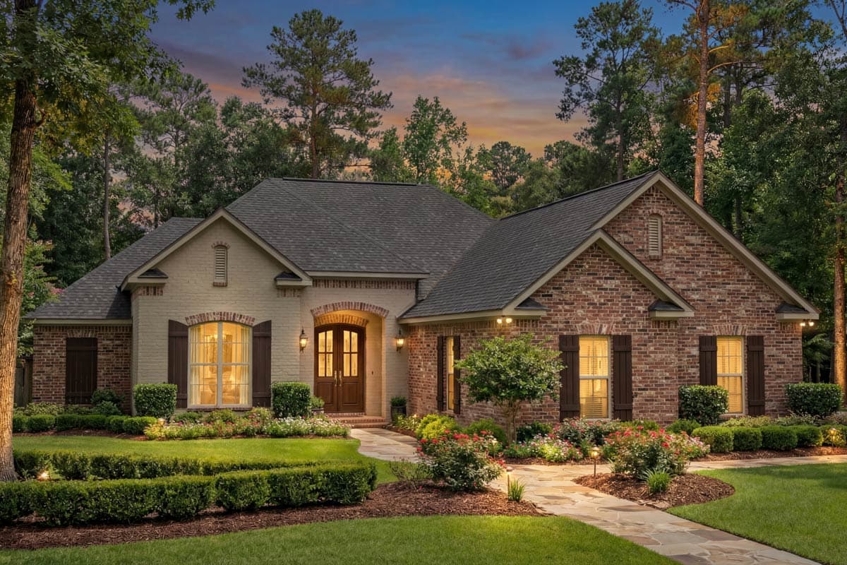 House plan exterior, single-story home with mixed brick and light-colored brick, arched entryway, gables, and dark shutters.