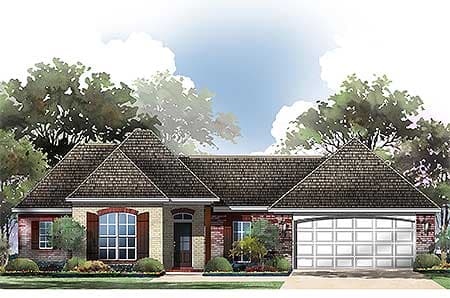 House plan exterior: One-story home with brick accents, arched entryway, prominent gables, and a two-car garage.