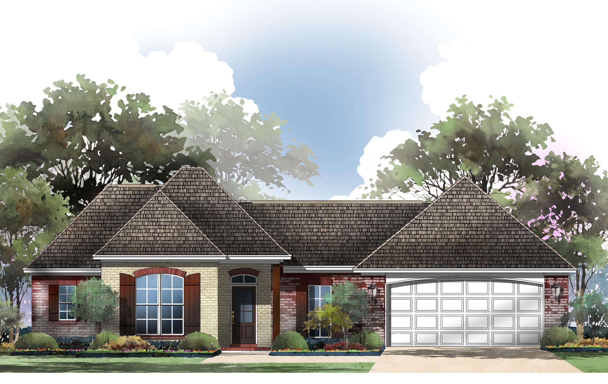 House plan exterior: One-story brick home with arched windows, covered entry, and attached two-car garage.