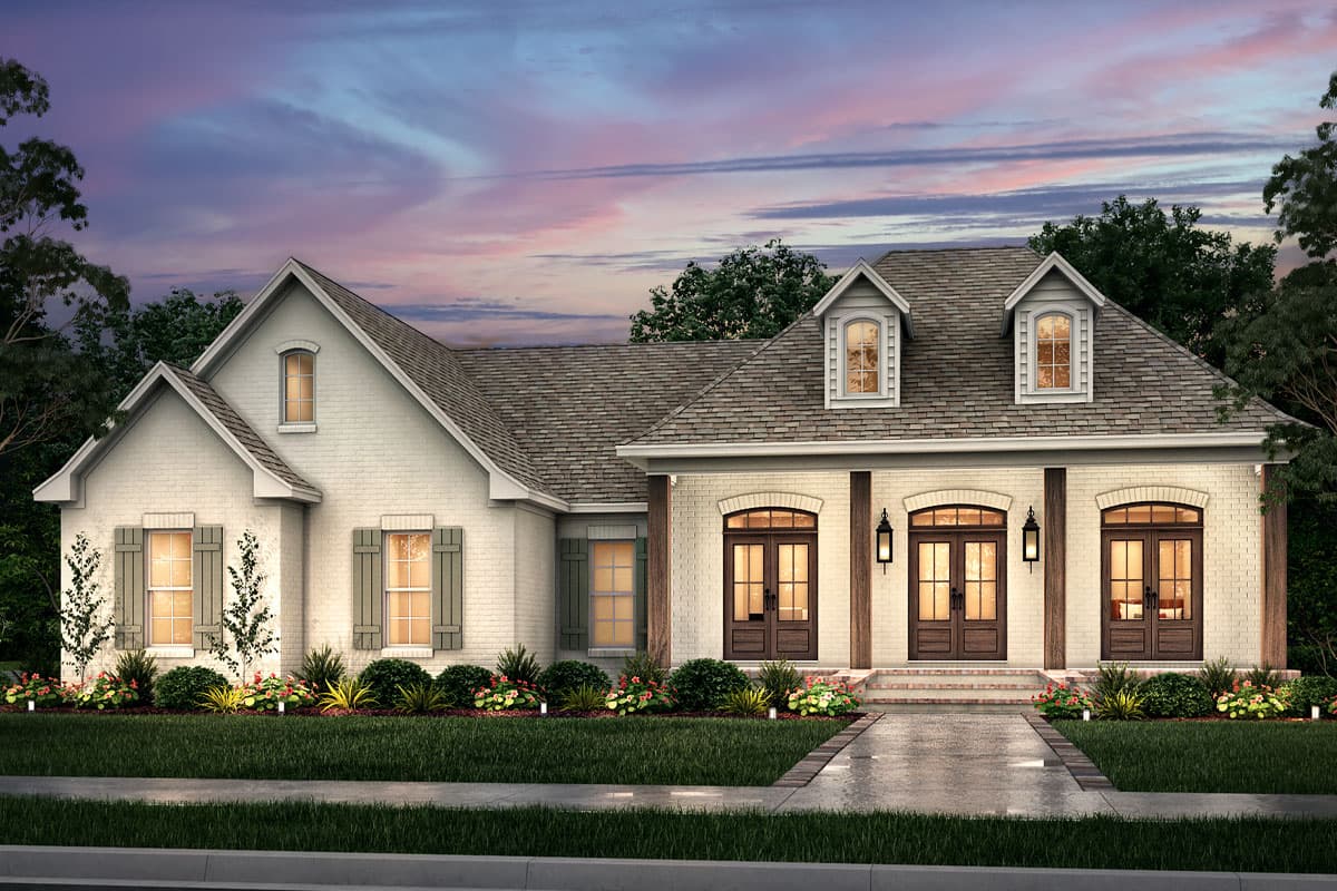 House plan exterior: One-story brick home with gabled dormers, arched entryways, and shutters.