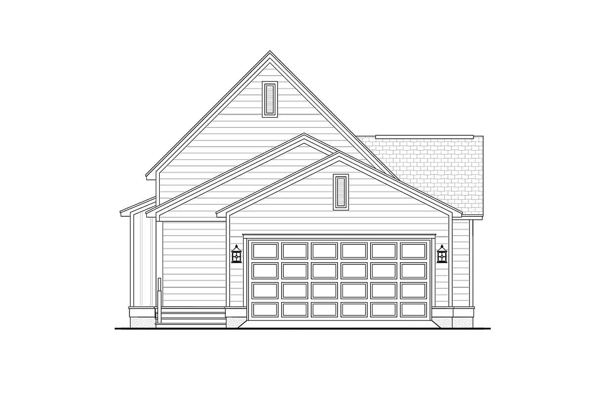 House plan elevation drawing showing a two-story home with a detached garage, gables, and dormer windows.