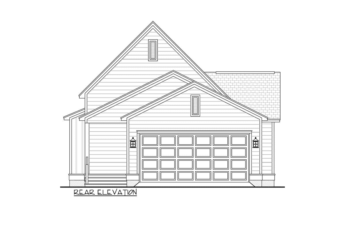 Rear elevation drawing shows a two-story house with a gable roof, a two-car garage, and a small front porch.