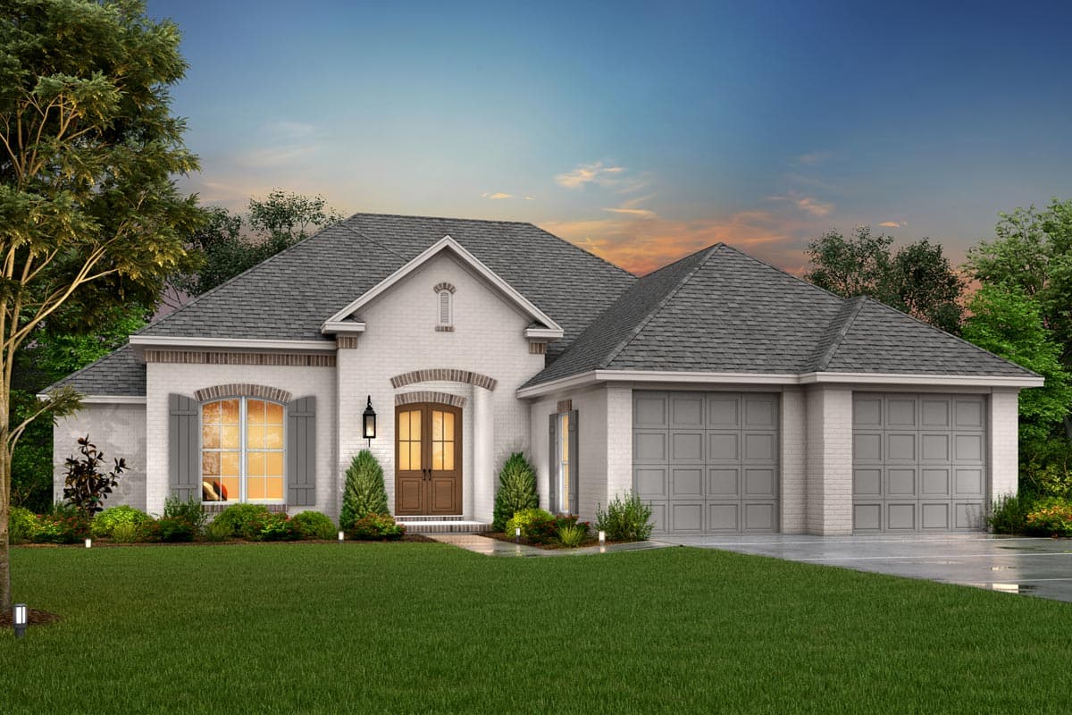 House plan exterior. One-story home with a brick facade, arched entryway, and a two-car garage. Features include gabled roof and shutters.