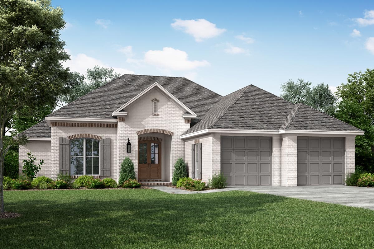 House plan exterior: Traditional style, one-story brick home with arched entry, gable, and a three-car garage.