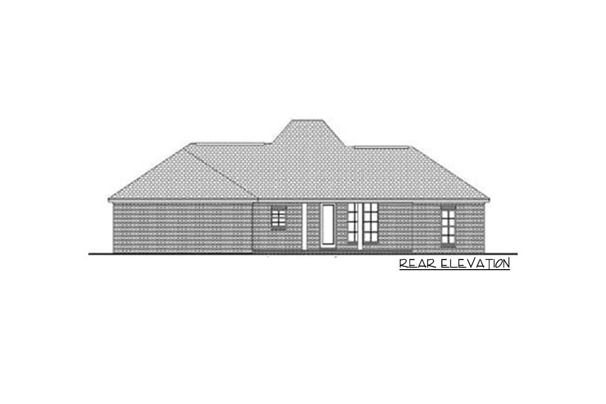 Rear elevation drawing of a house plan with a central gable, multiple windows, and a door.