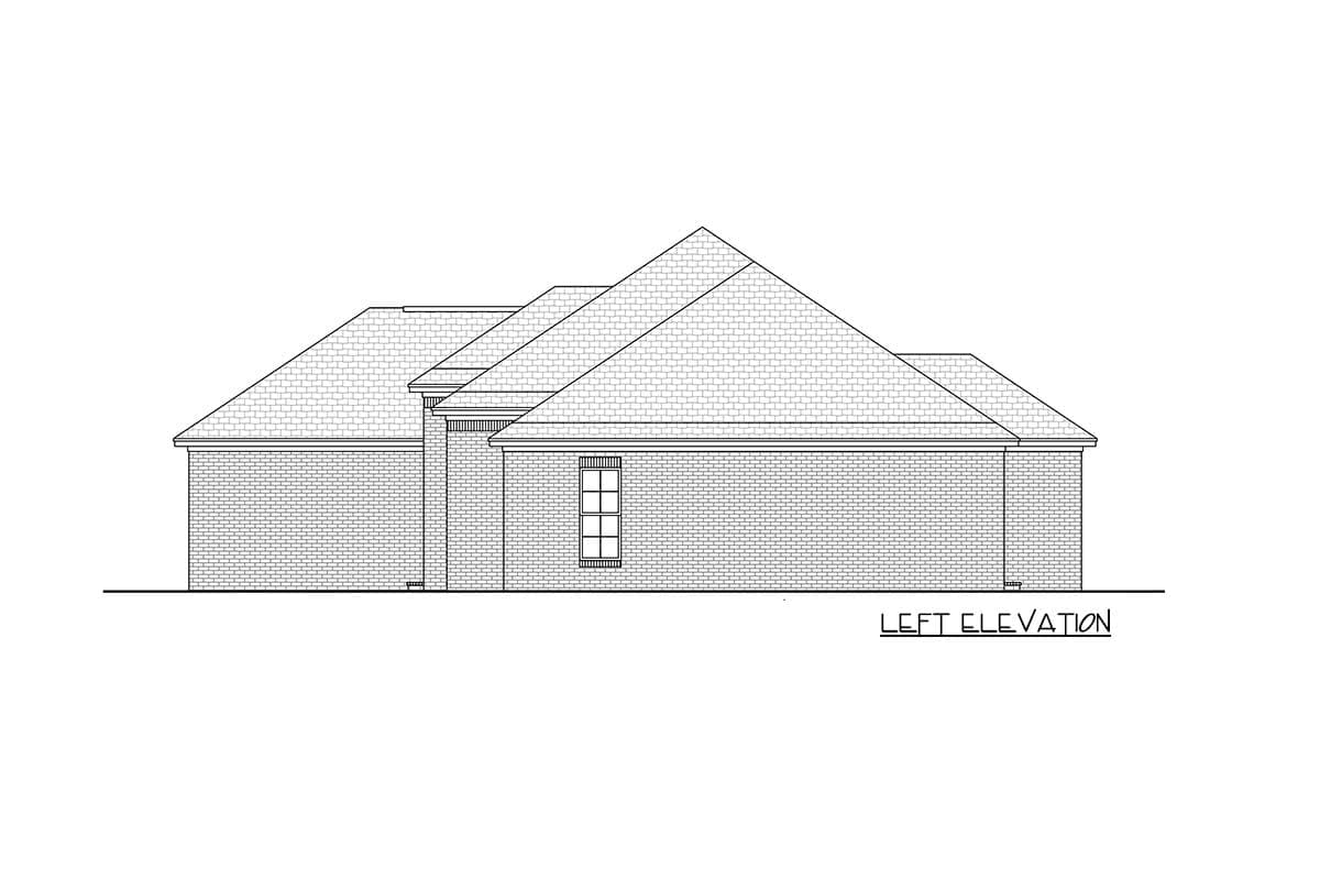 Left elevation drawing of a single-story house with brick exterior and multiple gabled rooflines.