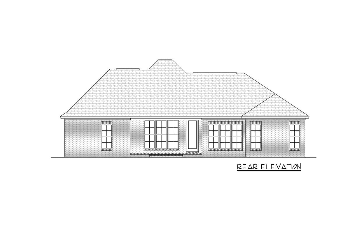 Rear elevation drawing of a one-story house plan with a symmetrical brick facade, multiple windows, and a hipped roof.
